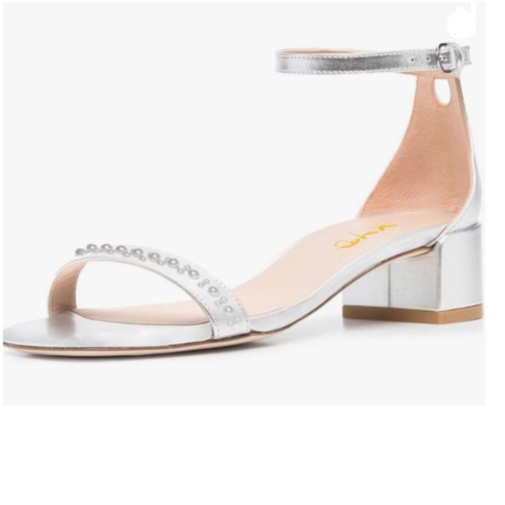 XYD Silver Pearls Open Toe Strappy Low Block Heel Sandal Ankle Strap with Buckle